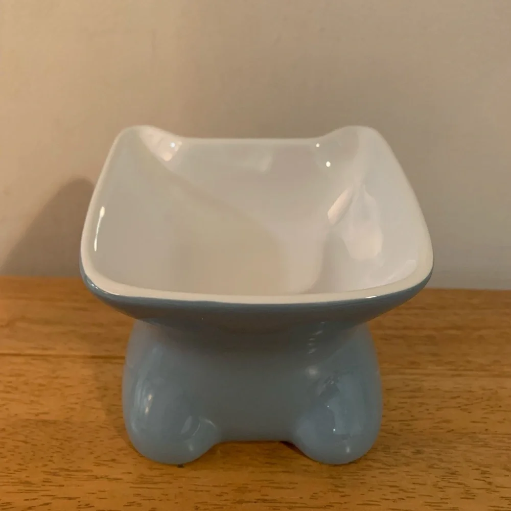 Whisker City Elevated Ceramic Cat Bowl Blue